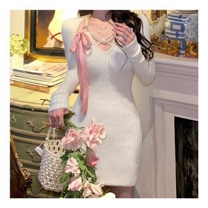 New sweet sexy mink long sleeve bodycon White Pretty dress for girls/women